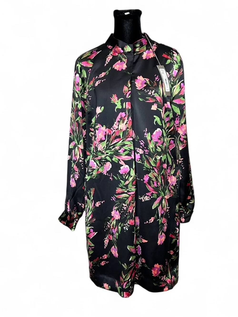 Eva Mendez Black Floral Satin Shift Dress - Pink & Green Blooms Long Sleeves NWT